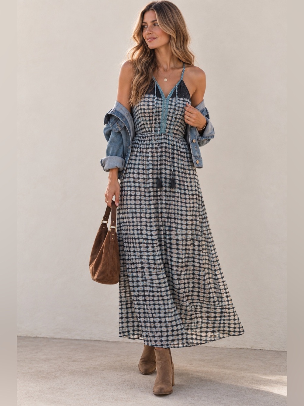 Daniel Rainn Teal and Black Geometric Maxi Dress